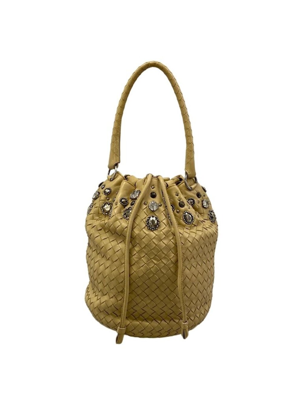 Bottega Veneta Handbag Intrecciato Beige Studs Bijou Drawstring Leather
